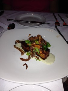 Pork belly with "crispy pig ear, giardiniera, blue cheese, parsley".